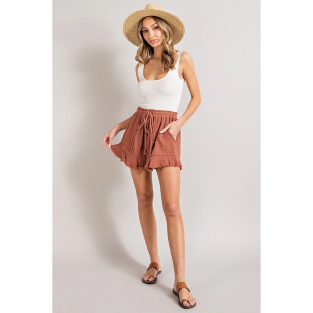 SOLD OUT Clay Mineral Washed Frayed Hem Solid Drawstring Casual Women's Shorts - Picture 2 of 4